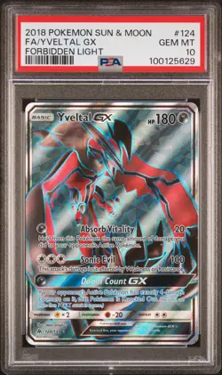 2018 POKEMON SUN & MOON FORBIDDEN LIGHT #124 FULL ART/YVELTAL GX PSA 10 - Image 1