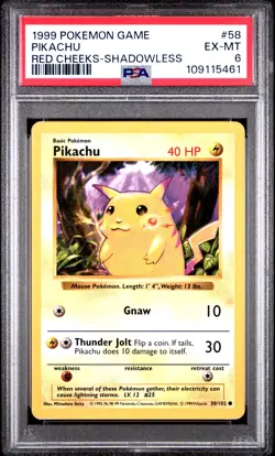 1999 POKEMON BASE SET RED CHEEKS-SHADOWLESS #58 PIKACHU PSA 6 - Image 1
