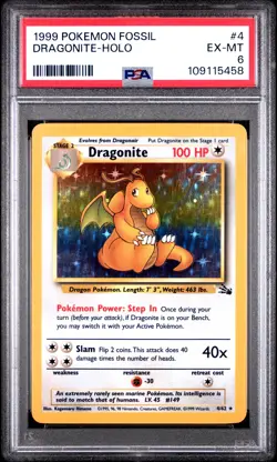 1999 POKEMON FOSSIL #4 DRAGONITE-HOLO PSA 6 - Image 1