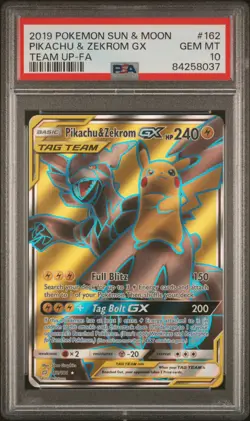 2019 POKEMON SUN & MOON TEAM UP #162 FULL ART/PIKACHU & ZEKROM GX PSA 10 - Image 1