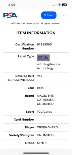 GREEN WARD Unlimited Edition 1993 Magic the Gathering MTG Uncommon🔥PSA 9 MINT🔥 - Image 4