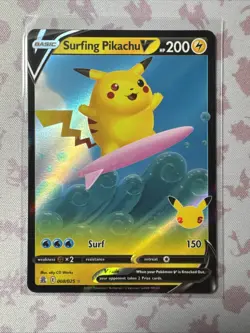 Surfing Pikachu V - 008/025 - Pokemon Celebrations Sword & Shield Rare Card NM - Image 1