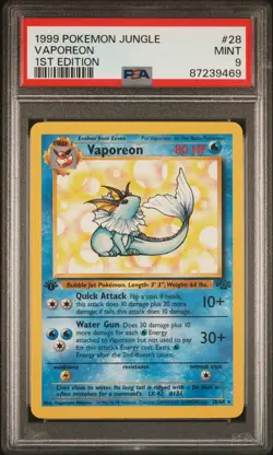 PSA 9 1st Edition Vaporeon Rare 28/64 Jungle Pokemon Card 1999 WOTC Eeveelution - Image 1