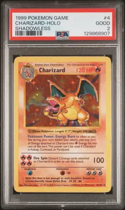 1999 POKEMON GAME SHADOWLESS #4 CHARIZARD-HOLO PSA 2 - Image 1