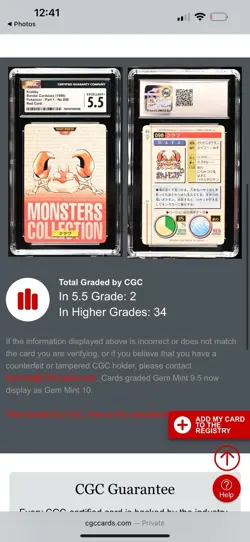 Krabby 098 Green Bandai Carddass Pokemon Pocket Monsters 1996 CGC 5.5 POP 2 RARE - Image 2