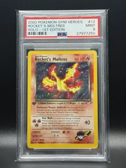 PSA 9 MINT Rocket's Moltres 12 Gym Heroes 1st Edition Holo Pokemon Card - Image 1