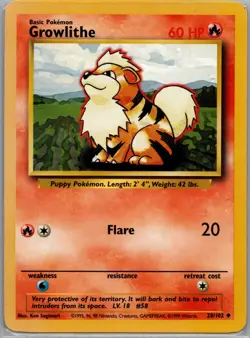Growlithe 28/102 Non Holo Base Set - Pokemon Card - LP - Image 1