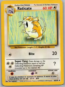 Raticate 40/102 Non Holo Base Set - Pokemon Card - LP - Image 1
