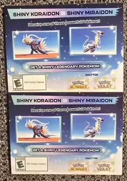 Two Pokemon Shiny Koraidon or Miraidon Scarlet/Violet GameStop Promo Code Card - Image 1