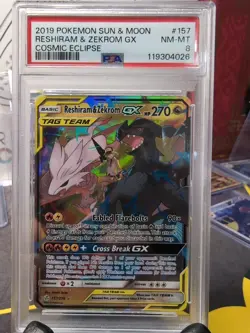 Reshiram & Zekrom GX PSA 8 - Cosmic Eclipse #157 - Sun & Moon 2019 Pokemon Card - Image 1