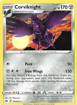 Pokemon - Corviknight 135/202 - Rare - SWORD & SHIELD BASE SET - NM/M - Image 1