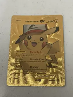 Ash Pikachu EX Gold Foil Fan Art Vinyl Textured Collector Pokemon Card - Image 1
