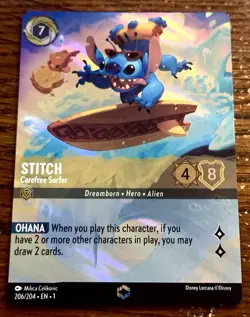 Disney Lorcana Stitch Carefree Surfer Enchanted 206/204 1st Chapter - Image 1