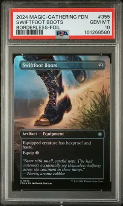 2024 MTG FOUNDATIONS BORDERLESS-FOIL #355 SWIFTFOOT BOOTS PSA 10 - Image 1