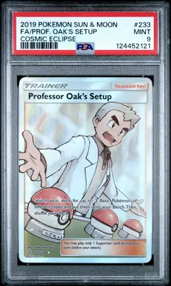 2019 POKEMON SUN & MOON COSMIC ECLIPSE #233 FULL ART/PROFESSOR OAK'S SETUP PSA 9 - Image 1