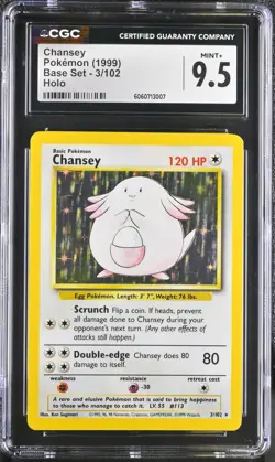 CGC 9.5 MINT+ Chansey 1999 Base 3/102 Holo Pokemon Card psa - Image 1