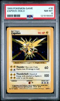 1999 POKEMON BASE SET UNLIMITED #16 ZAPDOS-HOLO PSA 8 - Image 1
