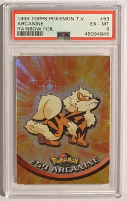 1999 Topps Pokemon T.V. #59 Arcanine Rainbow Foil, Blue Logo PSA! - Image 1