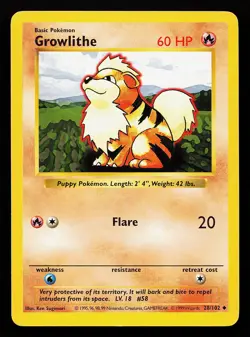 Growlithe 28/102 Uncommon Base Set (Shadowless) Pokemon Card - Image 1