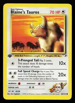Blaine's Tauros 64/132 1st Edition Gym Heroes Pokemon Card - Image 1