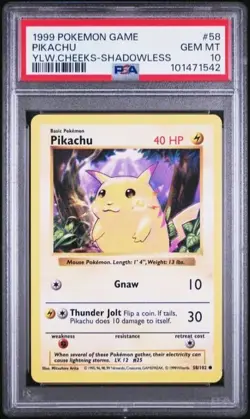 1999 POKEMON GAME BASE SET #58 PIKACHU YELLOW CHEEKS SHADOWLESS PSA 10 GEM MINT - Image 1