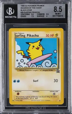1999-02 POKEMON WIZARDS OF THE COAST PROMOS BLACK STAR SURFING PIKACHU BGS 8.5 - Image 1
