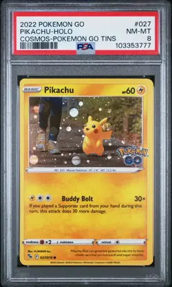 2022 POKEMON GO COSMOS-POKEMON GO TINS #027 PIKACHU-HOLO PSA 8 - Image 1