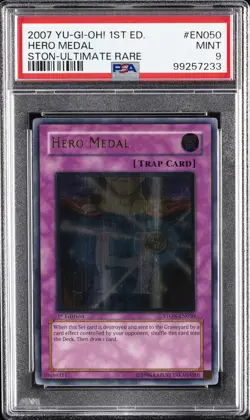 2007 YU-GI-OH! STON-STRIKE OF NEOS 1ST ED-ULTIMATE RARE #EN050 HERO MEDAL PSA 9 - Image 1