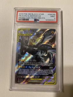 2019 POKEMON TAG TEAM TINS PROMO #SM168 FULL ART/PIKACHU & ZEKROM GX PSA 9 - Image 1