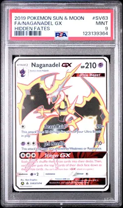 2019 POKEMON SUN & MOON HIDDEN FATES #SV63 FULL ART/NAGANADEL GX PSA 9 - Image 1