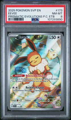 2025 POKEMON PRISMATIC EVOLUTIONS POKEMON CENTER ETB PROMO SVP #173 EEVEE PSA 8 - Image 1