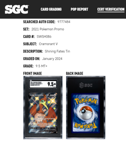 2021 Pokemon Shining Fates Tins Promo BSP SWSH086 Craramorant V SGC 9.5 POP 5 - Image 3