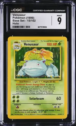 1999 POKEMON #15 VENUSAUR BASE SET UNLIMITED HOLO CGC 9 Mint - Image 1