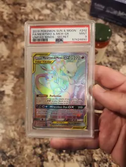 2019 Pokemon Unified Minds Mewtwo & Mew GX #242/236 PSA 9 - Rainbow Secret Rare - Image 1