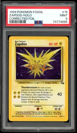 1999 Pokemon Fossil #15 Zapdos Holo Corrected PSA 9 Mint - Image 1