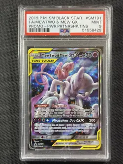 Pokemon Cards PSA 9 MINT Mewtwo & Mew Gx Tag Team Promo Partnership Tins SM191 - Image 1