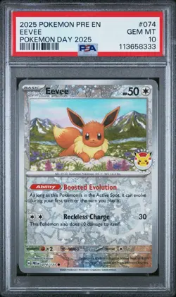 Eevee 074/131 Cosmos Holo Pokemon Day 2025 Stamped Promo Double Swirls PSA 10 - Image 1