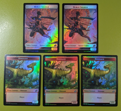 5 FOIL Dinosaur & Human Soldier (003) Double Sided Token Ikoria MTG 5 - Image 1