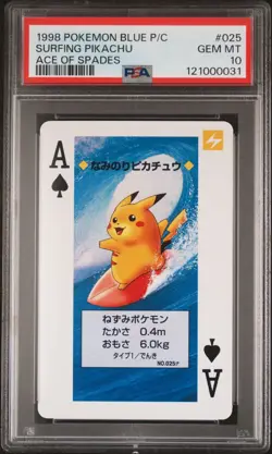 PSA 10 POP 8 Surfing Pikachu #025 Pokemon Playing Card Poker Blue Ace of Spades - Image 1
