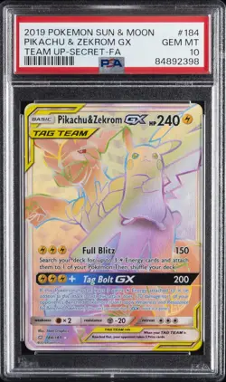 2019 POKEMON SUN & MOON TEAM UP SECRET #184 FULL ART/PIKACHU & ZEKROM GX PSA 10 - Image 1