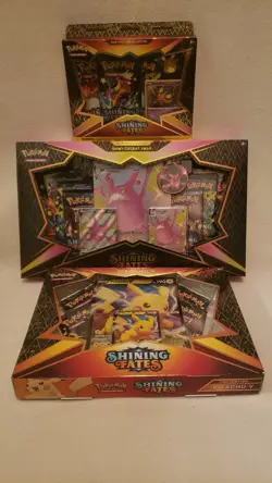 Pokemon Shining Fates Lot of Pikachu Box, Crobat Premium Box and Dedenne Mad Pin - Image 1