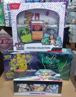 POKEMON 151 POSTER + SURGING & TWILIGHT ETB + PRISMATIC SURPRISE BOX LOT - Image 1