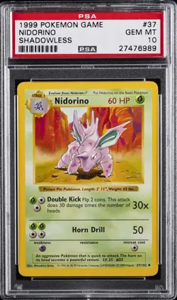 1999 POKEMON GAME SHADOWLESS #37 NIDORINO PSA 10 - Image 1