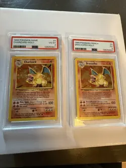 Pokemon 1999 Base Set Holo Charizard PSA 4 and Dracaufeu Holo PSA 5 (Pair) - Image 1