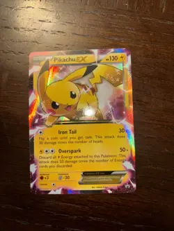 Pikachu EX Pokemon Card 130 HP Iron Tail Overspark Holo Rare XY84 - Image 1