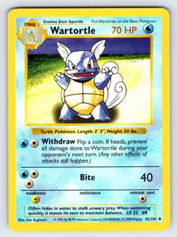Wartortle 42/102 1999 Base Set Shadowless Pokemon Card TCG WOTC Vintage - Mp - Image 1