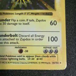 Pokemon TCG Base Set (Shadowless) First Edition Zapdos (16/102) Moderate Played - Image 4