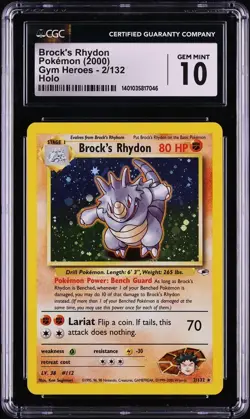 CGC 10 Brock's Rhydon Holo Rare Gym Heroes 2000 Pokemon Card #2 - Image 1