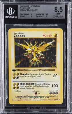 1999 POKEMON BASE 1ST ED THIN STAMP HOLO RARE #16 ZAPDOS BGS 8.5 - Image 1