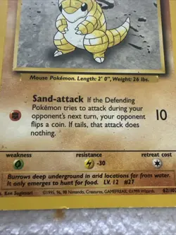 Pokemon Sandshrew Card 062/102 Base Set Regular - Image 3